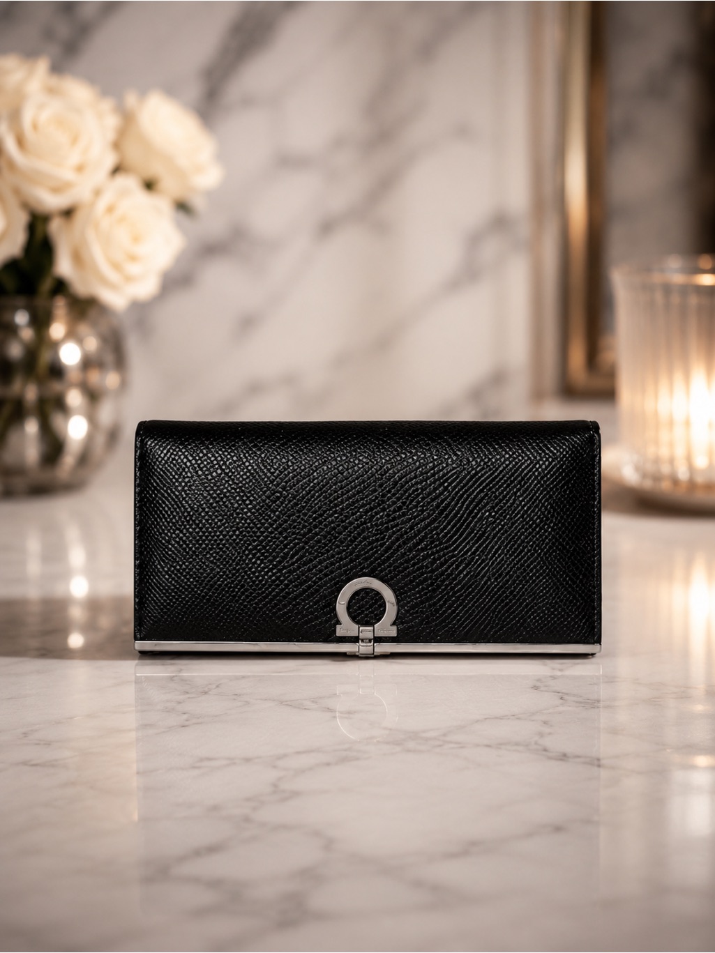 Salvatore Ferragamo Black Embossed Snake Leather Gancini Wallet | Full Set